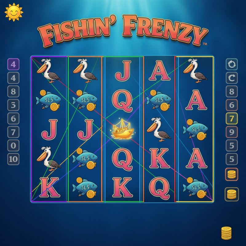 Fishin Frenzy gameplay showing active paylines across the five by three reel grid with boat scatter in centre position
