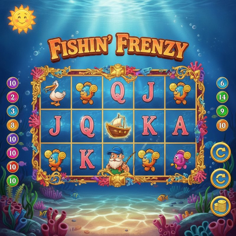 Fishin Frenzy slot main screen with ocean background and reels showing pelican, boat scatter and fisherman symbols