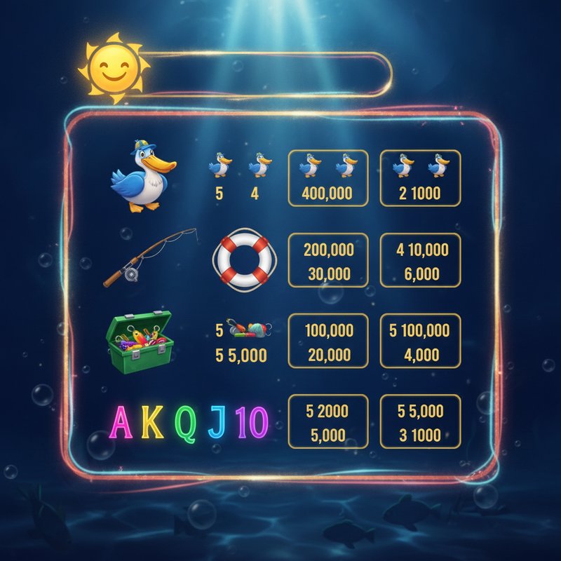 Fishin Frenzy paytable showing pelican, fishing rod, life preserver, tackle box and card symbol payouts